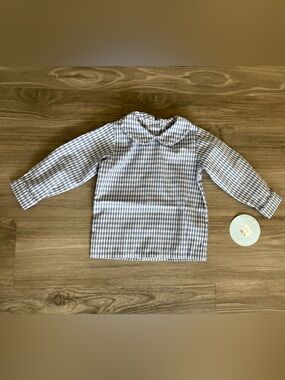 New Little English blue white gingham Peter Pan top shirt checker gingham plaid